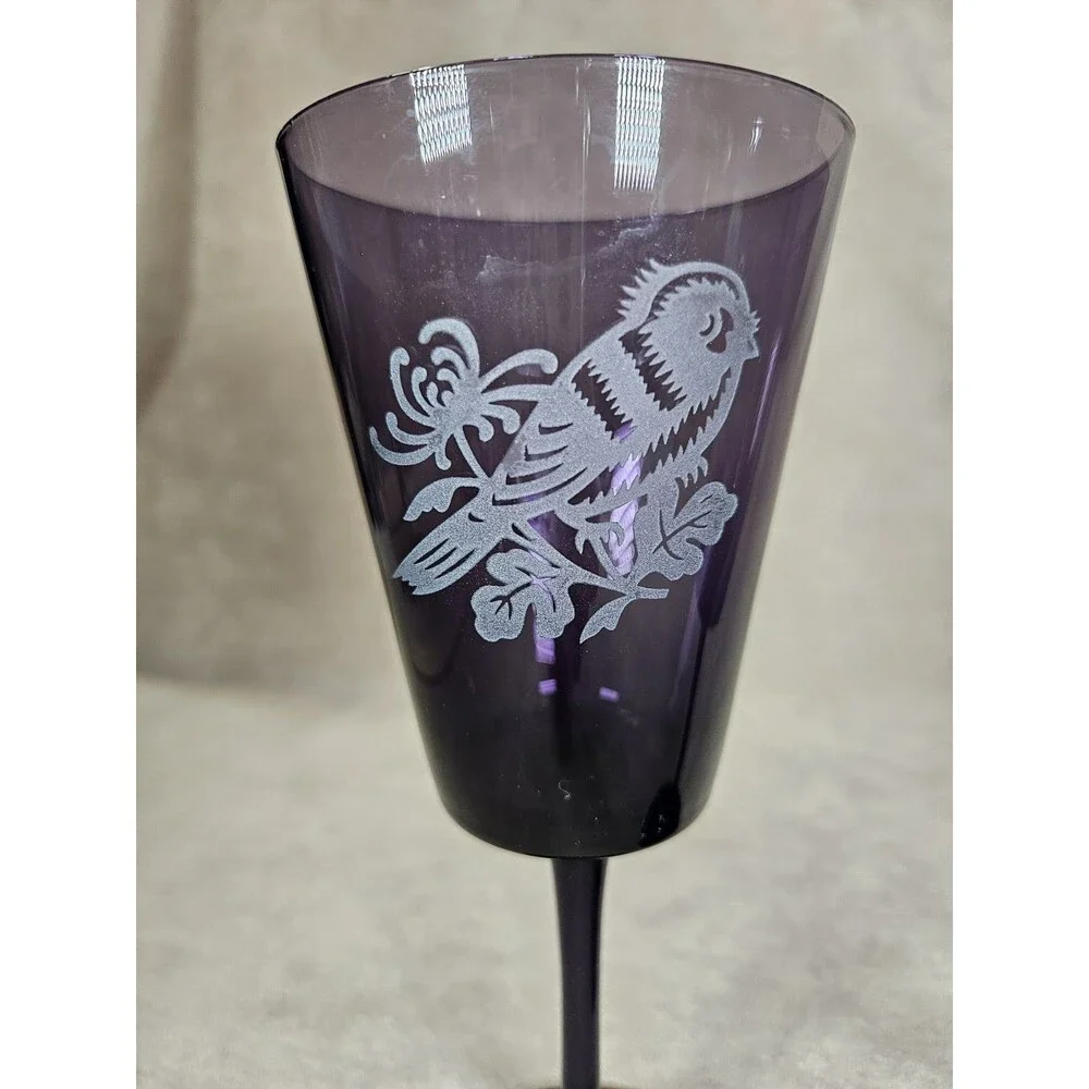 Dark Purple Amethyst Glass Water Goblets Etched Floral and Birds Set of 2